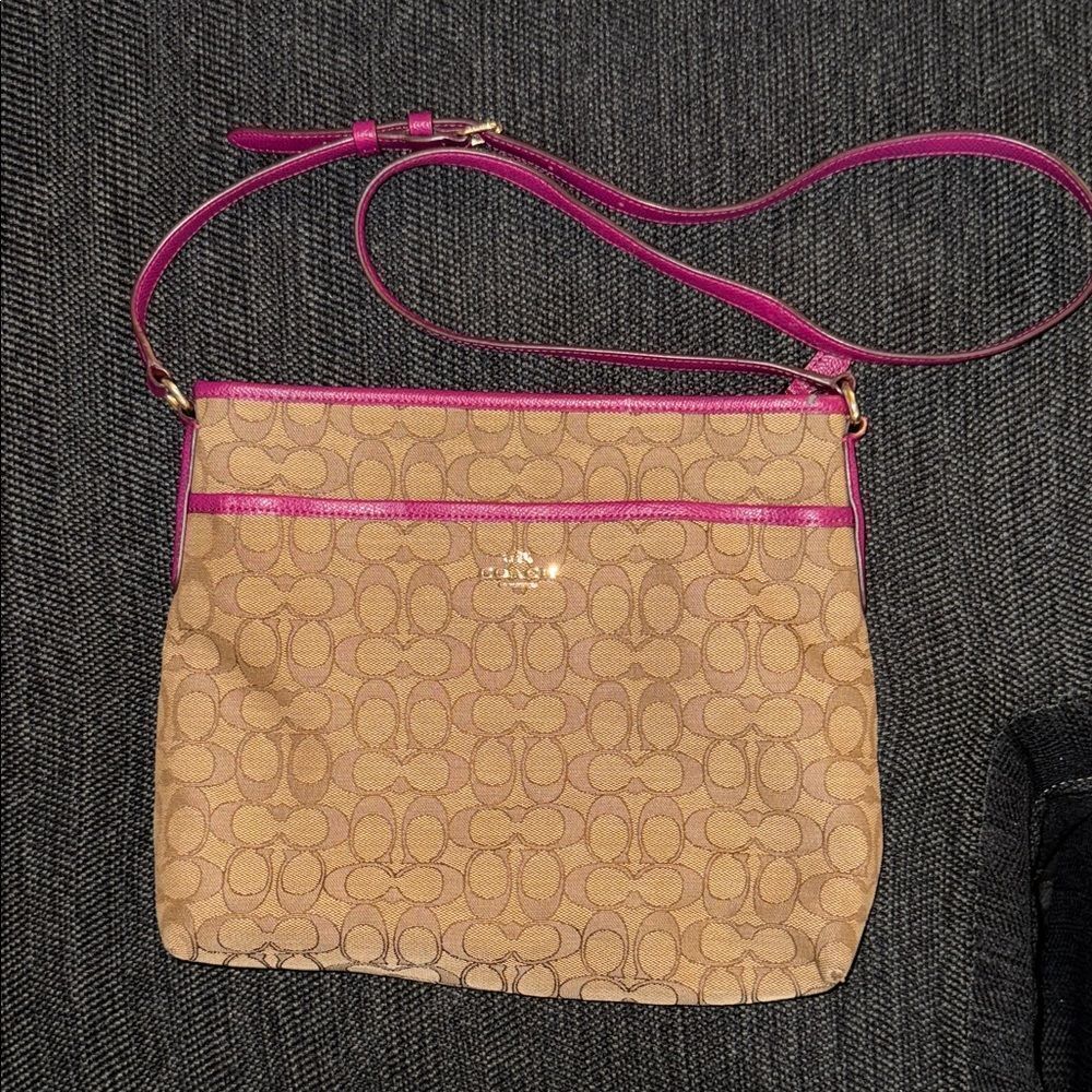 Coach Signature Tan and Purple Crossbody Bag